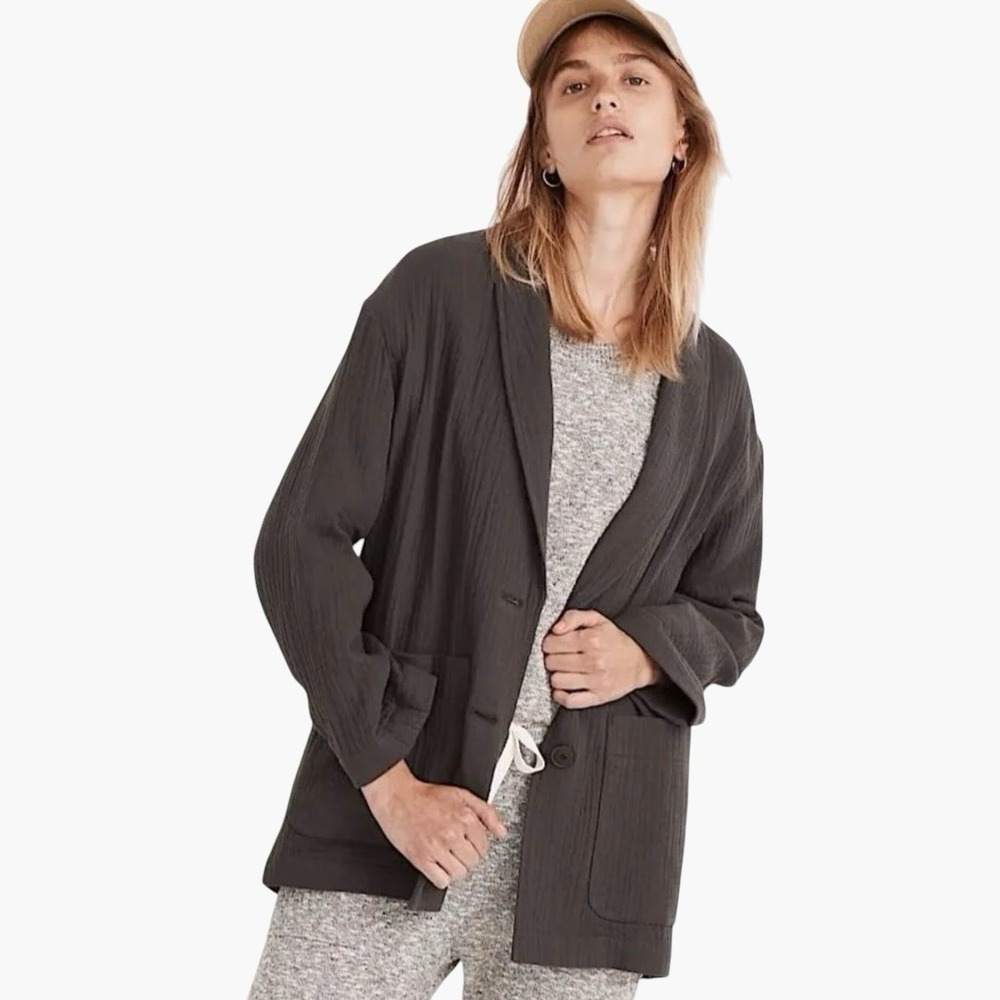 Madewell Lightspun Dorset Blazer M Gray Gauze Coastal Lagenlook Oversized Boho